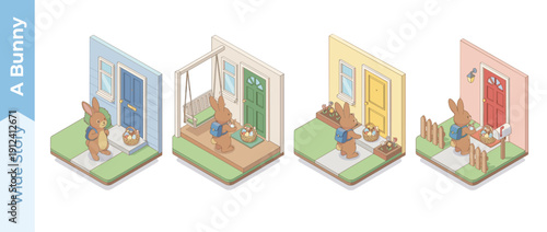 Isometric vector set of a cute brown bunny delivering Easter egg baskets to front doors in a pastel neighborhood. Includes four scenes with blue, green, yellow, and red doors and spring decor.