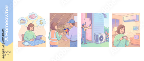 Homeowner energy efficiency retrofit journey vector set: planning with blueprints, thermal imaging audit, installing wall insulation and heat pump, and enjoying a cozy climate-controlled home.