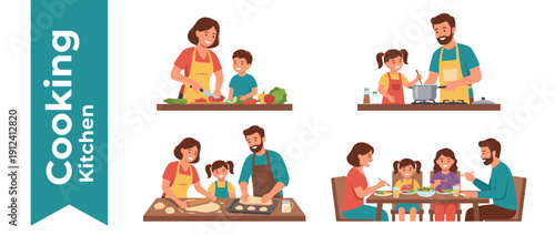 Happy Family Cooking Together in Kitchen Vector Illustration Set. Parents and Children Preparing Healthy Food, Baking Bread, and Eating Dinner at Table. Flat Cartoon Style Graphic Design Elements.