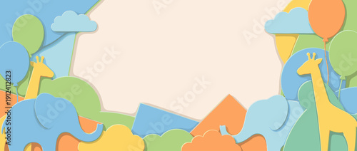 Playful Paper-Cut Style Panoramic Vector Banner for Pediatrics or Nursery Featuring Stylized Elephants, Giraffes, Balloons, and Clouds in Soft Pastel Colors with Large Central Copy Space.