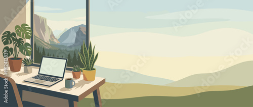Panoramic Vector Illustration of a Cozy Remote Workspace with Laptop, Coffee, and Houseplants on a Desk by a Window Overlooking a Scenic Mountain Landscape and Forest View for Web Banner Design.