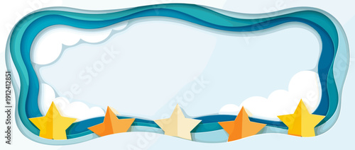 Panoramic Vector Banner Illustration of Customer Feedback Rating with Five Star Shapes Along the Bottom, Paper Cut Layered Style Background with Clouds and Blue Waves for Copy Space and Review.