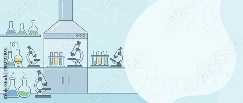 Panoramic Vector Banner Illustration of a Modern Science Laboratory with Microscopes, Chemical Flasks, Test Tubes, and Fume Hood. Subtle Molecule Patterns and Ample Copy Space for Custom Text.