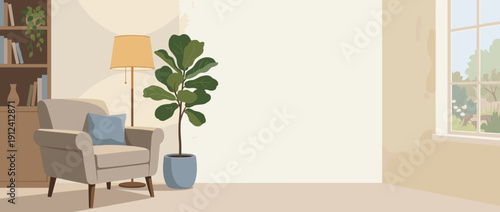 Panoramic Vector Illustration of a Cozy Home Interior Corner Featuring a Comfortable Armchair, Floor Lamp, Potted Fiddle Leaf Fig, and Bookshelf. Minimalist Living Room with Window and Copy Space.
