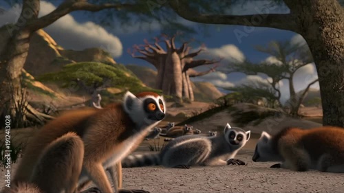 Cgi animation featuring iconic baobab tree in desert landscape with ring tailed lemurs resting under savanna trees during day