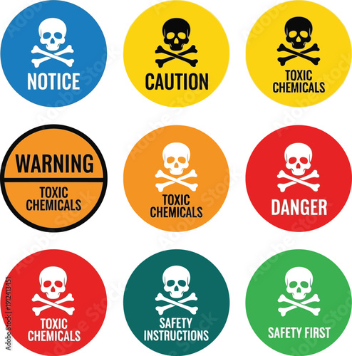 Set of Warning Signs for Toxic Chemicals with Skull and Crossbones Icons