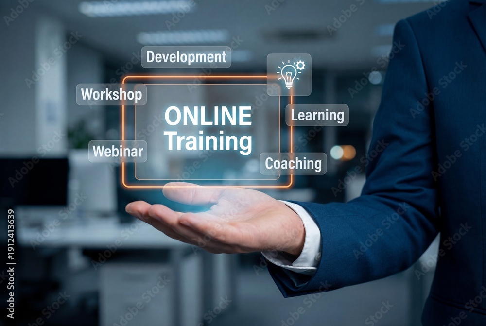 Fototapeta premium Businessman showing virtual online training interface with learning and development concepts