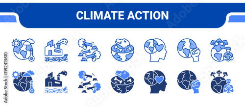 Climate Action Icon Collection,  featuring Climate, Pollution, Destruction, Extinction, Awareness, Action, Protection.