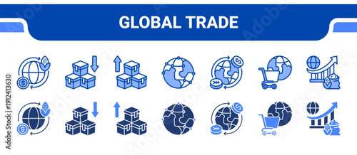 Global Trade Icon Collection,  featuring Trade, Import, Export, Globalization, Currency, Market, Growth.
