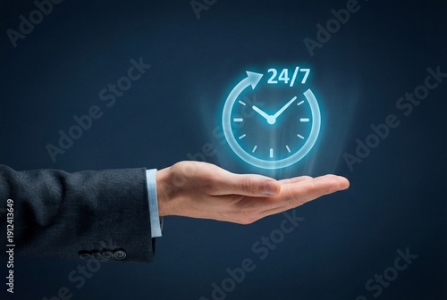 Wallpaper Mural Businessman hand displaying virtual clock icon representing twenty four seven customer service Torontodigital.ca
