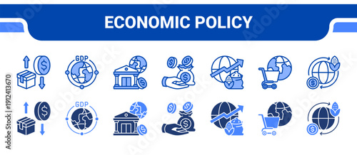 Economic Policy Icon Collection,  featuring Inflation, GDP, Banking, Capital, Investment, Market, Trade.
