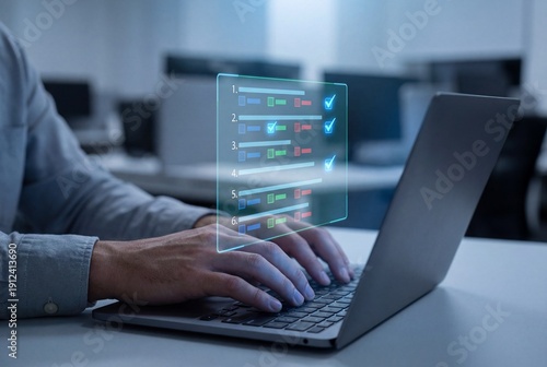 Male professional hands typing on laptop with holographic digital checklist interface