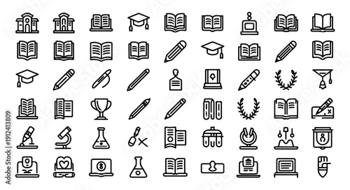 Minimalist academic line icons including science laboratory and literary research equipment
