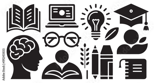 Creative learning concept icons with brain silhouette laptop bulb and graduation cap symbols