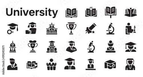 University icons set for graduation student knowledge and education symbols