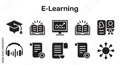 E-learning concept with icons including a graduation cap, books, monitor, and headphones