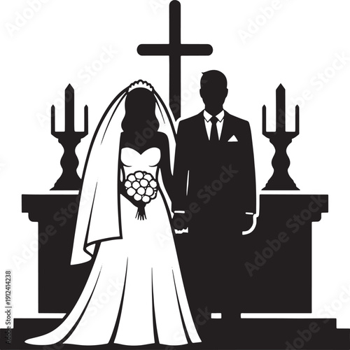 Silhouette of bride and groom at wedding ceremony with cross and candelabras