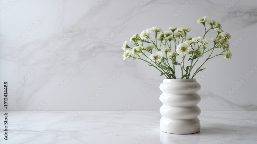 Fototapeta premium A white ceramic vase with horizontal ridges sits on a smooth marble surface with light grey veining,