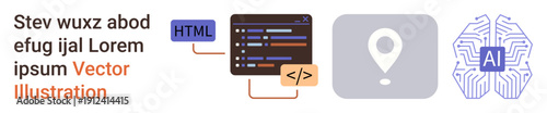 Software development, location services, artificial intelligence, data science, technology education, coding skills. A coding interface, location pin and AI circuit are featured. Software