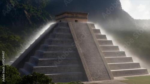 Ancient mesoamerican pyramid ruins revealing mystical stone temple complex with carved mythological serpent reliefs in jungle