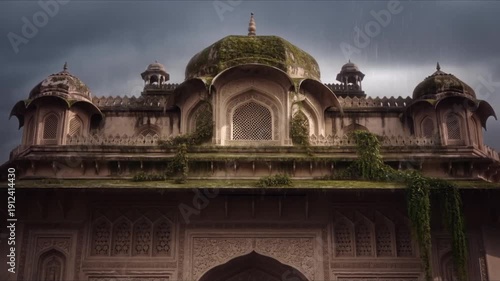 Cinematic wide shot of ancient indian palace architecture with green moss during monsoon rain under dark moody clouds in india