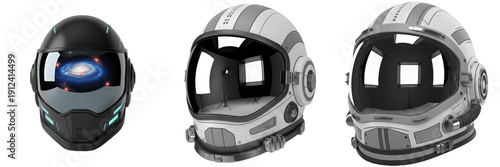 Collection of futuristic astronaut space helmets isolated on white background