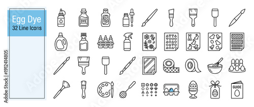 Set of 32 Egg Dyeing and Decorating Line Icons Featuring Dye Bottles, Paint Brushes, Stencils, Stickers, Egg Cartons, and Craft Supplies for Easter Holiday DIY Projects and Creative Art Activities.