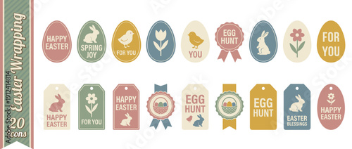 Set of 20 Vintage Easter Gift Tags and Labels in Retro Muted Tones Featuring Bunny Rabbits, Chicks, Eggs, and Spring Flowers for Holiday Wrapping, Scrapbooking, and Festive Greeting Card Design