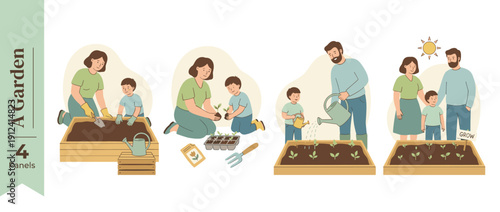 Family Gardening Vector Illustration Set: Mother, Father, and Son Planting Seedlings, Preparing Soil in Raised Beds, and Watering Plants Together in a Minimalist Scandinavian Flat Design Style.