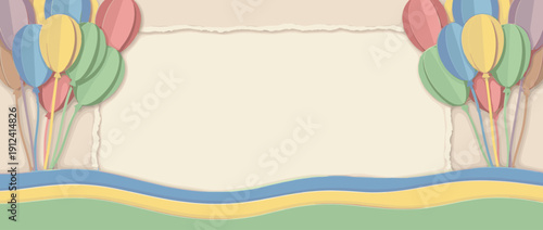 Panoramic Vector Banner Illustration of a Minimalist Birthday Party Background with Colorful Paper-cut Balloons, Torn Paper Texture, and Wavy Layers for Celebration, Greeting Card, or Event.
