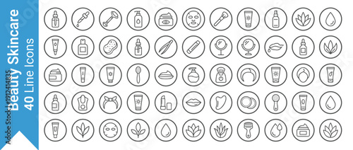 Set of 40 Beauty Skincare Routine and Cosmetic Tools Line Icons. Minimalist Vector Symbols for Facial Care, Serum, Moisturizer, Sunscreen, Spa, and Wellness. Modern Rounded Line Art Illustration.