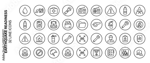 Earthquake Readiness and Emergency Safety Plan Icon Set: 32 Minimal Vector Line Art Symbols for Disaster Preparedness, Survival Kits, First Aid, Evacuation Procedures, and Hazard Management.