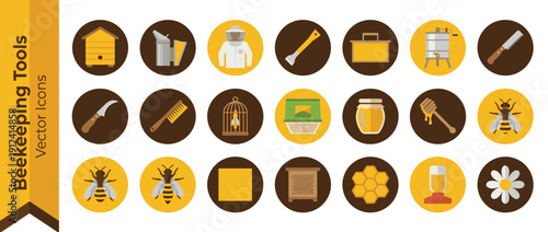 Set of 21 Beekeeping and Honey Production Vector Icons in Flat Geometric Style Featuring Beehive, Smoker, Beekeeper Suit, Honey Extractor, Dipper, Jar, Honeycomb, Bees, and Apiary Equipment.