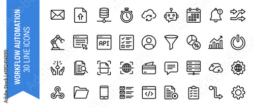 Set of 30 Workflow Automation Line Icons for Business Process Management, Software Development, API Integration, Cloud Computing, Data Analysis, Robotic Automation, and Digital Transformation.
