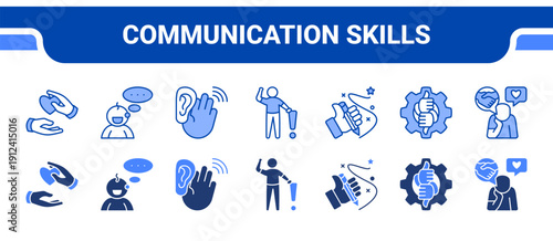 Communication Skills Icon Collection,  featuring Interaction, Articulation, Hearing, Attention, Writing, Emotional, Thinking.