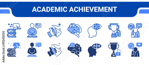 Academic Achievement Icon Collection,  featuring Education, Learning, Writing, Memory, Concentration, Achievement, Thinking.