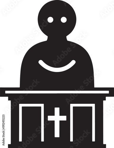 Black and white of a smiling clergyman at a church pulpit with a cross