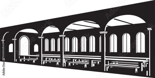 Black and white of arched colonnade with benches and tables architectural arches