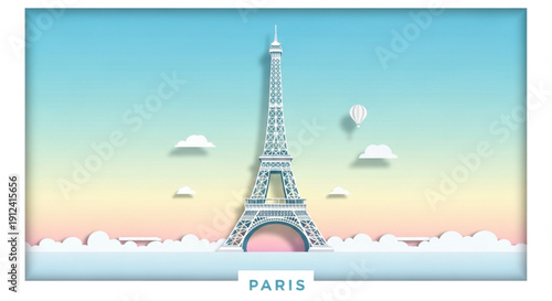 A beautiful paper cut-out style illustration of the Eiffel Tower in Paris with soft pastel gradients, clouds, and a hot air balloon.