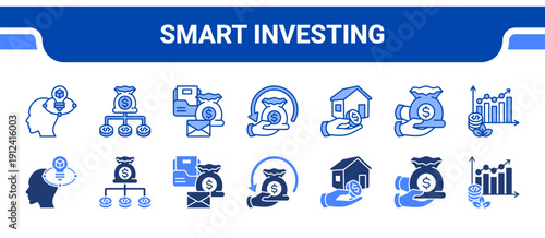 Smart Investing Icon Collection,  featuring Savvy, Diversify, Portfolio, Roi, Assets, Capital, Bar graph.