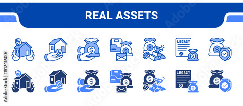 Real Assets Icon Collection,  featuring Real estate, Assets, Capital, Portfolio, Wealth, Legacy, Security.
