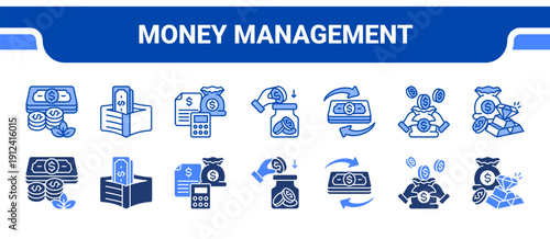 Money Management Icon Collection,  featuring Cash, Wallet, Budget, Savings, Cashflow, Income, Expense.