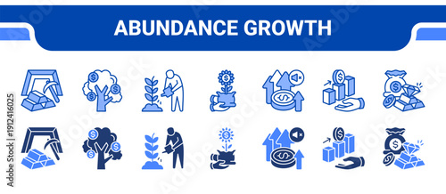 Abundance Growth Icon Collection,  featuring Goldmine, Money tree, Harvest, Prosperity, Gains, Profit, Wealth.