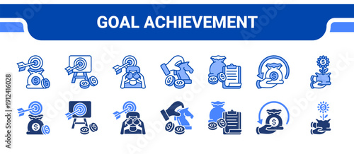 Goal Achievement Icon Collection,  featuring Goals, Target, Vision, Strategy, Planning, Roi, Success.