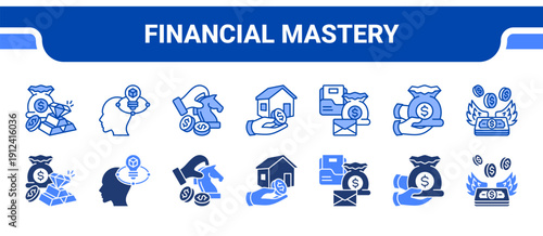 Financial Mastery Icon Collection,  featuring Wealth, Savvy, Strategy, Assets, Portfolio, Capital, Financial freedom.