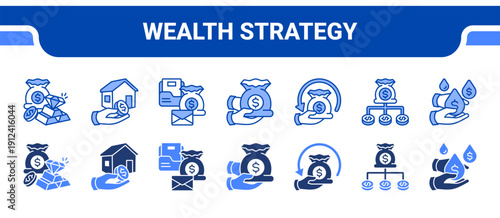 Wealth Strategy Icon Collection,  featuring Wealth, Assets, Portfolio, Capital, Roi, Diversify, Liquidity.
