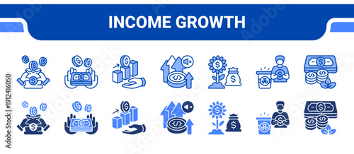 Income Growth Icon Collection,  featuring Income, Earnings, Profit, Gains, Money growth, Residual, Cash.