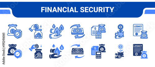 Financial Security Icon Collection,  featuring Security, Savings, Liquidity, Cashflow, Budget, Insurance, Legacy.