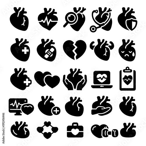 Black silhouette icon set of human heart anatomy, cardiology symbols, heartbeat monitoring, and cardiovascular health isolated on white background