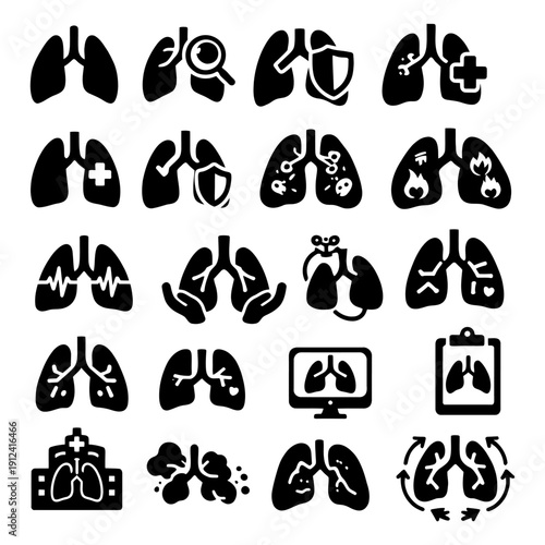 Black silhouette icon collection of lungs with medical symbols, respiratory system, healthcare, and pulmonary diagnostics isolated on white background